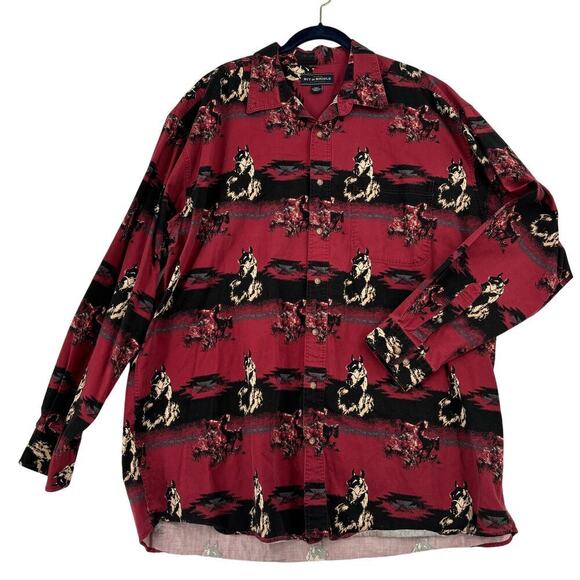 Bit & Bridle Button Down Shirt Men's 2XLT Red Black Horse Print Western Cowboy - Picture 1 of 9